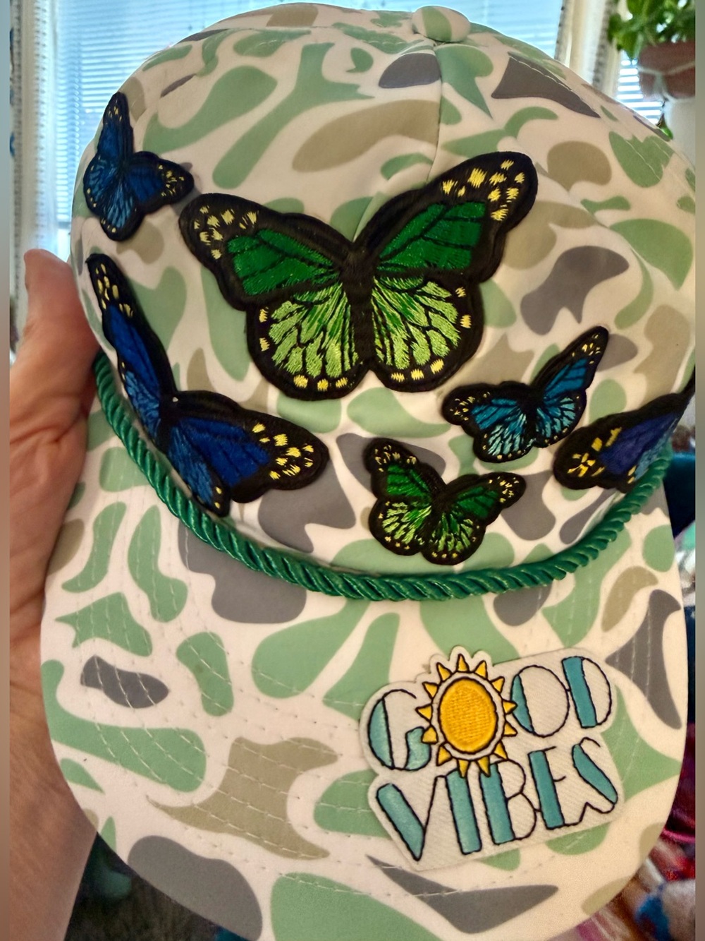 Butterfly Embroidered Baseball Cap in Green and Blue